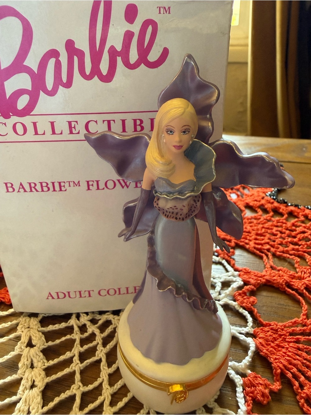 2002 Avon Barbie Flower Box Orchid Figurine Trinket Box COA Original Box